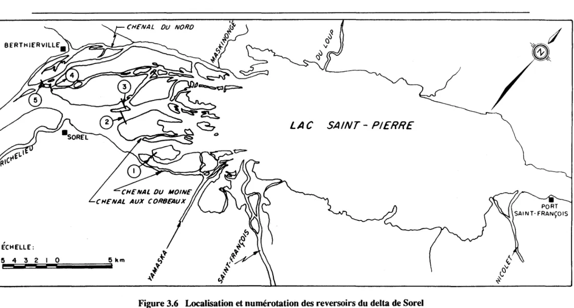 Figure 3.6  Localisation et numérotation des reversoirs du delta de Sorel 