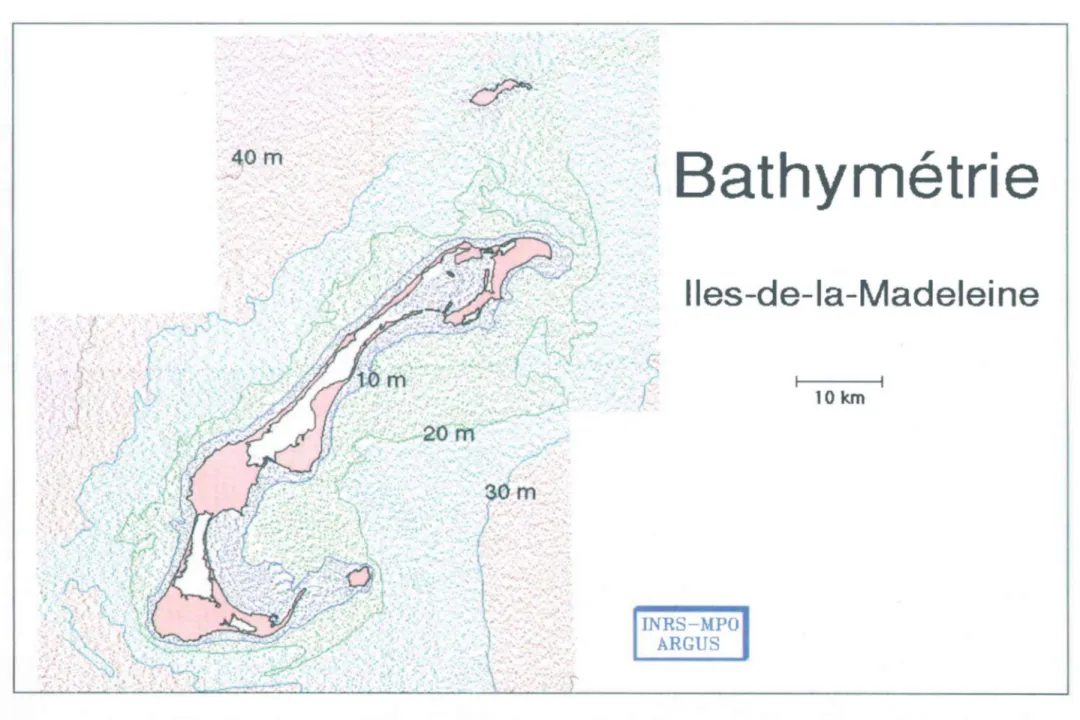 Figure  1.  Bathymétrie  des  lIes-de-la-Madeleine (Données  obtenues  du  Service  Hydrographique du  Canada)