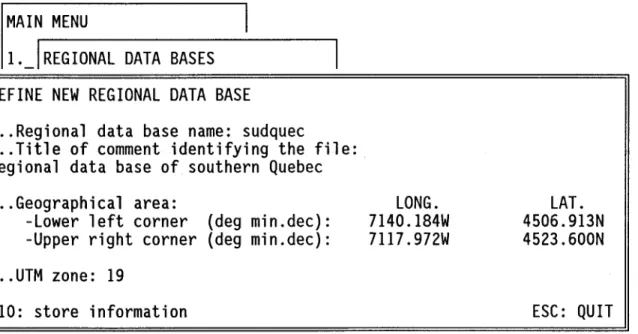FIGURE 2.5  Sub-menu #1.1:  define new regional data base. 