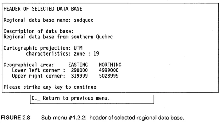 FIGURE 2.8  Sub-menu #1.2.2:  header of selected regional data base. 