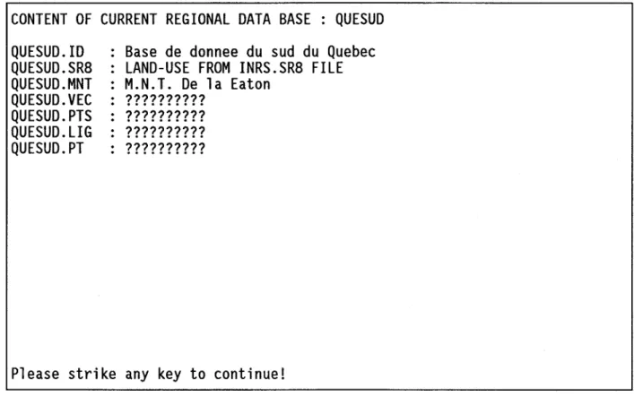 FIGURE 2.9  Sub-menu #1.2.3:  file content of current regional data base. 