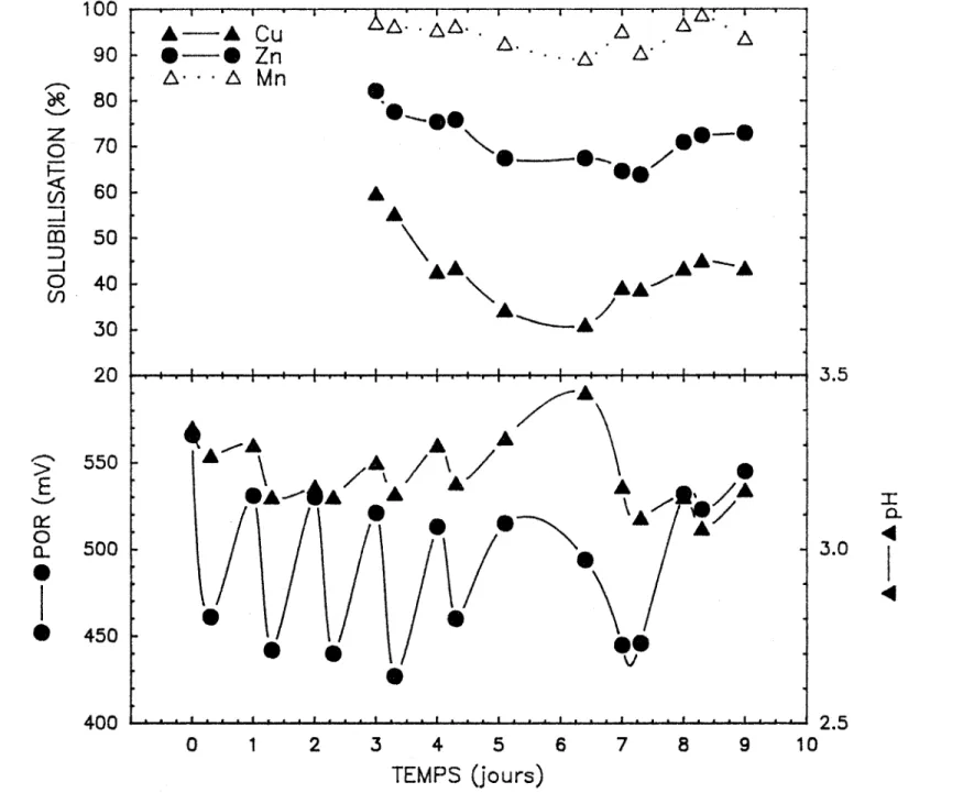 Figure  1.6:  Solubilisation  du  Cu,  Zn  et  Mn  dans  le  CSTR,  à  1,5  jours  dans  les  boues  aérobies  de  Beauceville