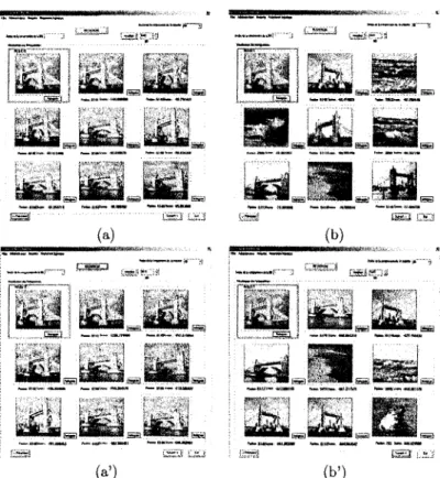 Figure 8: Comparison (m = 30): a) first 7 color images retrieved after using weights equal to 1, b) second  7 color images retrieved after using weights equal to 1, a') first 7 color images retrieved after using weights  computed by the logistic regression
