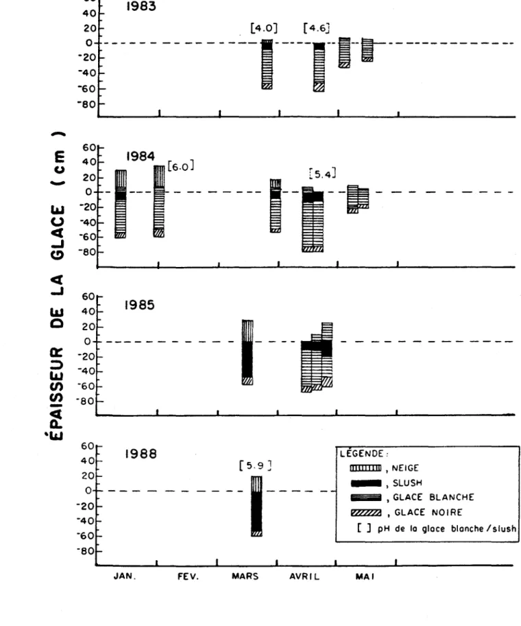 Figure  2:  pH  des  eaux  sus-jacentes  et  structure  physique  du  couvert  de  glace,  Lac  Laflamme,  1983-1985  et  1988