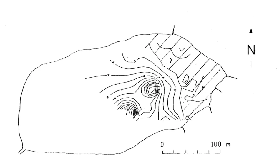 Figure  3:  Isolignes  de  concentrations,  ppm,  de  Ca 2 +  dans  les  eaux  (0-0.5  m),  sous-jacentes  au  couvert  de  glace,  Lac  Laflamme,  25.04.83