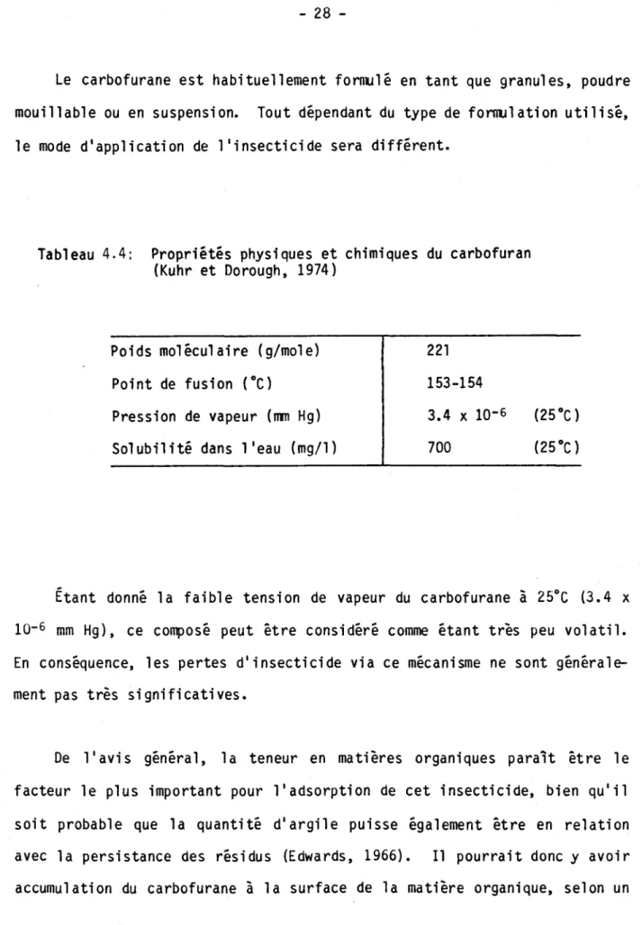 Tableau  4.4:  Propriétés  physiques  et  chimiques  du  carbofuran  (Kuhr  et  Dorough,  1974) 