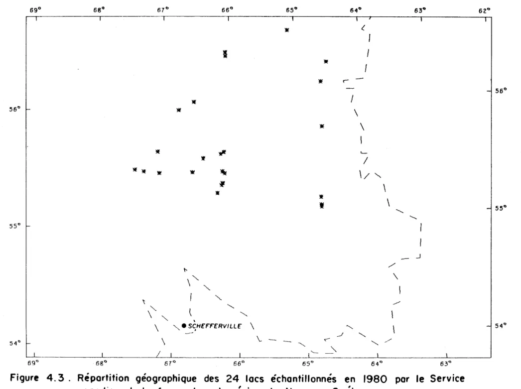Figure  4.3.  Répartition  géographique  des  24  lacs  échantillonnés  en  1980  par  le  Service  canadien  de  la  faune  dans  la  région  du  Nouveau - Québec