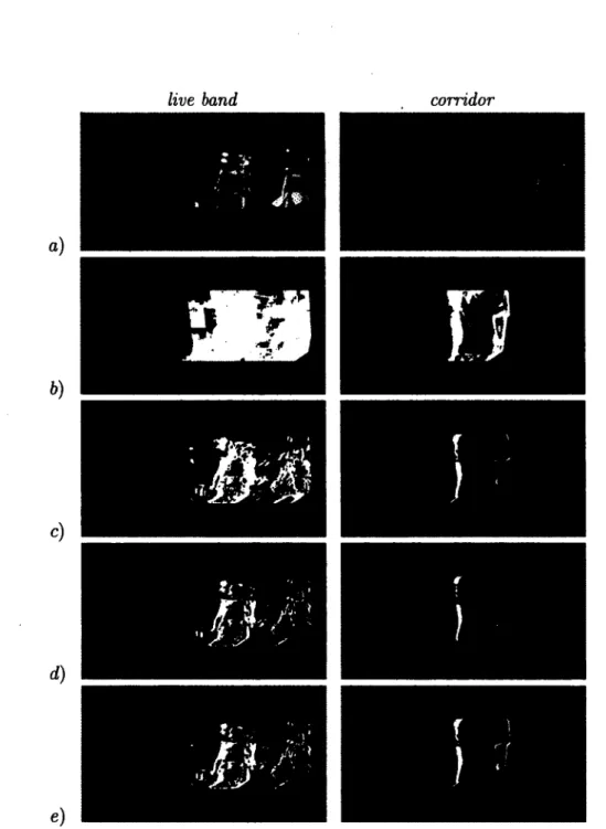 Figure  2.8  —  (a)  Une  image  de  la  séquence  vidéo  et  les  images  de  mouvement  correspondant  à  des  seuils  de  (b)  0,  (c)  8,  (d)  15  et à  (e)  la méthode  de  segmentation de  Otsu  que  nous avons  utilisée