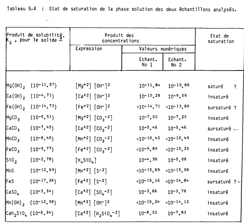 Tableau  5.4  :  Etat  de  saturation  de  la  phase  solution  des  deux  échantillons  analysés