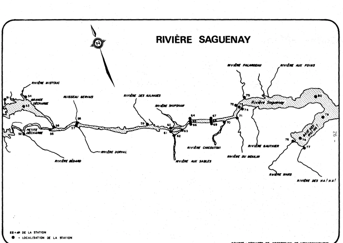 Figure  2.4 .  Localisation  et  identificat,ion  des  stations  d'échantillonnage  rivière  Saguenay  