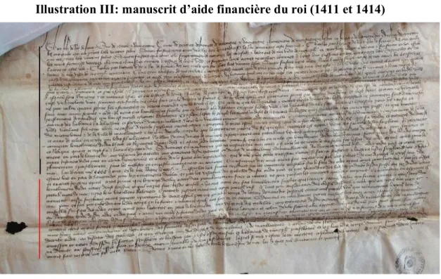 Illustration III: manuscrit d’aide financière du roi (1411 et 1414) 