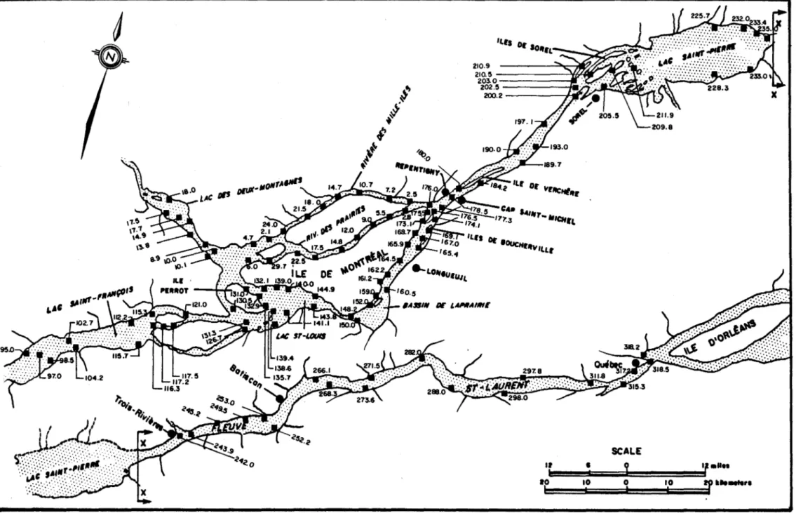 Figure  3. 1  . Localisation  des  stations  d'échantillonnage  sur  le  fleuve  Soint- Lourent (tronçon  lac  Sainf- François-Québec)