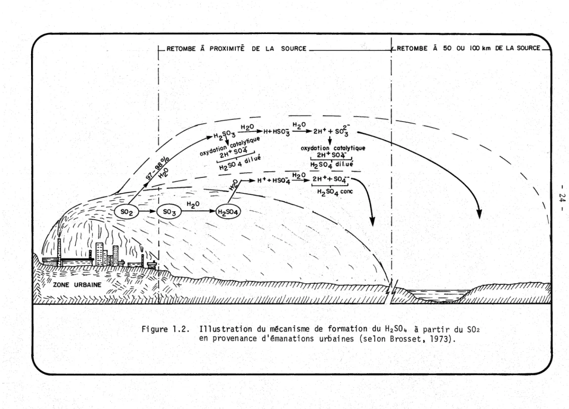 Figure  1.2.  Illustration  du  mécanisme  de  formation  du  H 2S0 4  à  partir  du  S02  en  p~ovenance  d'émanations  urbaines  (selon  Brosset,  1973)