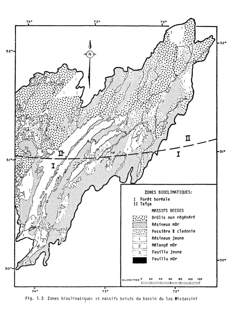Fig.  1.3  Zones  bioclimati~ues  et  massifs  boisés  du  bassin  du  lac  Mistassini 