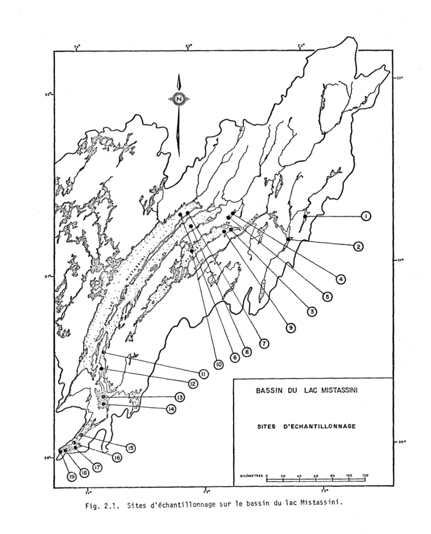 Fig.  2.1.  Sites  d'échantillonnage  sur  le  bassin  du  lac  Mistassini. 