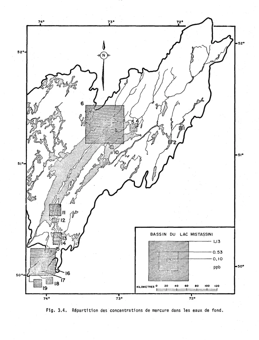 Fig.  3.4.  Répartition  des  concentrations  de  mercure  dans  les  eaux  de  fond. 