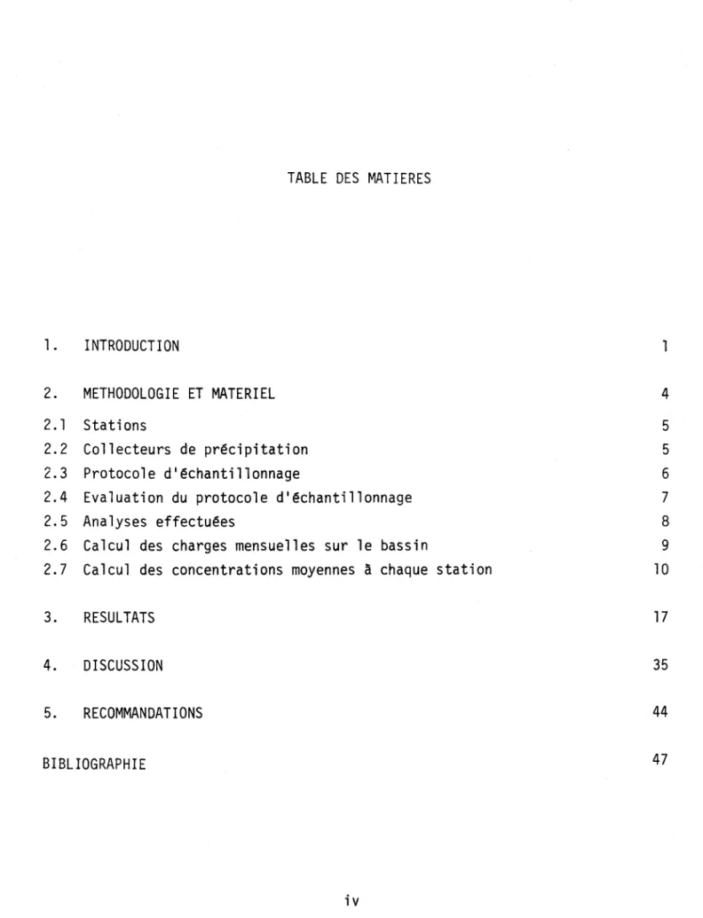 TABLE  DES  MATIERES  1.  INTRODUCTION  2.  METHODOLOGIE  ET  MATERIEL  2.1  Stations  2.2  Collecteurs  de  précipitation  2.3  Protocole  d'échantillonnage 