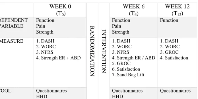 TABLE 2  WEEK 0   (T 0 )  RA N D O M IZ A T IO N INTERVENTION WEEK 6 (T6)  WEEK 12 (T12) DEPENDENT VARIABLE Function Pain Strength Function Pain Strength Function  MEASURE 1