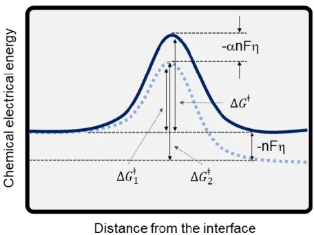 Figure 2.7  Effect of reducing the Galvani potential on the size of the forward and reverse activation  barriers (Adapted from [22])