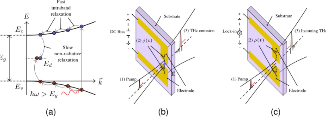 Figure 2.6: (a) Band diagram of a Photoconductive Antenna ( PCA ): the fast intraband transitions cause emission of the signal until the non-radiative relaxation stops the process