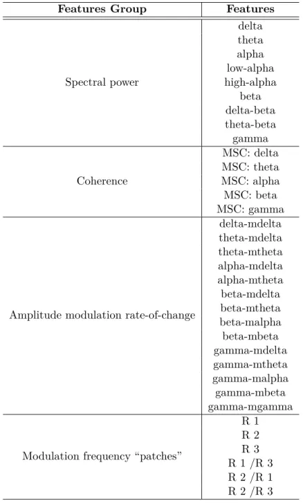 Table 3.2 – Summary of the features computed from EEG signals.