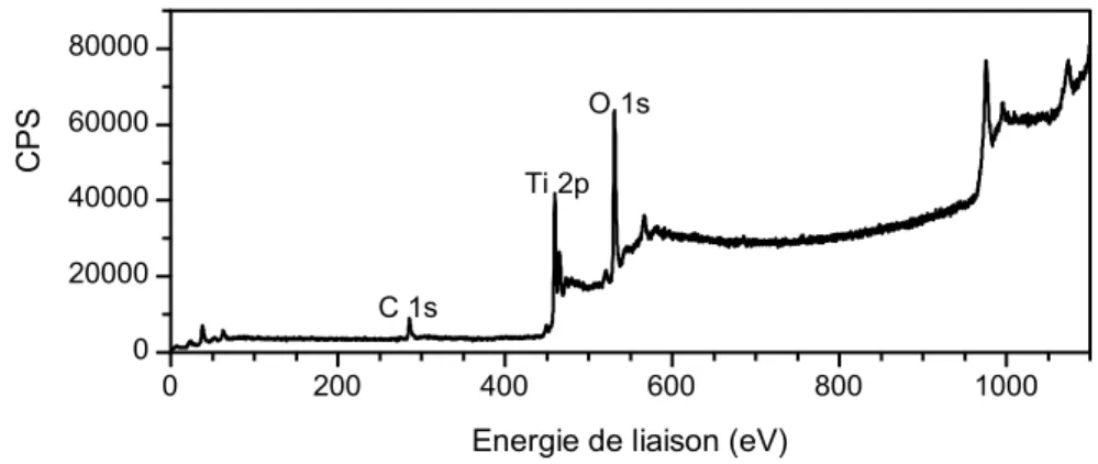 Figure II.13 : Spectre XPS global d'un échantillon de nanotubes de TiO 2  calciné à 500°C