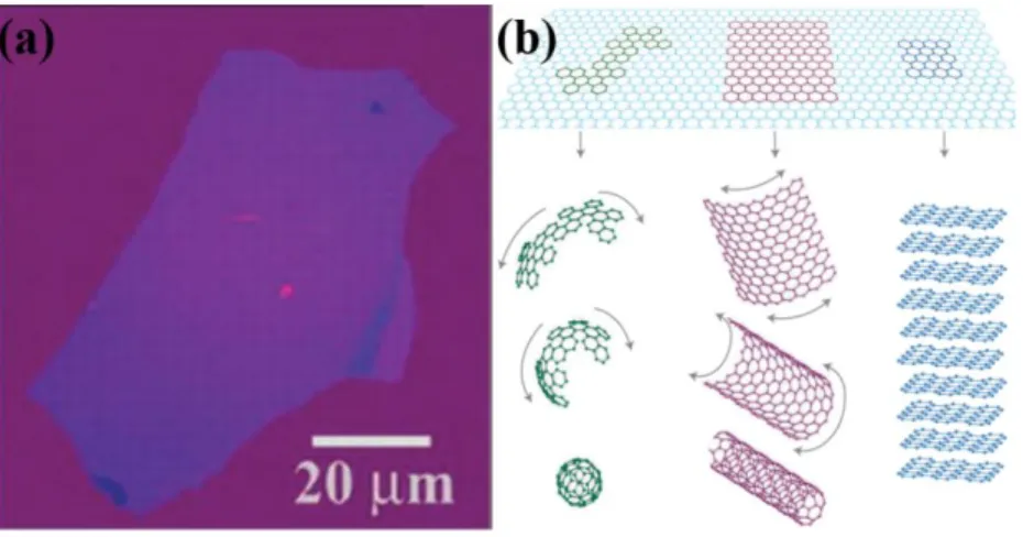 Figure 1.8 (a) Photograph of a large graphene on an oxidized Si wafer. (b) Graphene is a basic building  material block for graphitic materials of all other dimensionalities
