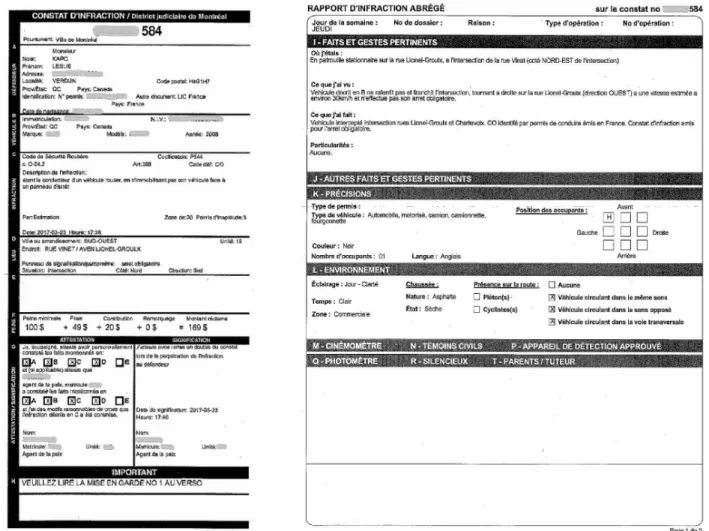 Figure 5 - Un exemplaire du rapport d’infraction suite à l’interpellation 