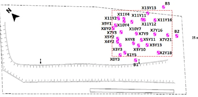 Figure 2.1  Location of the 27 exploration holes at the treated wood storage site 