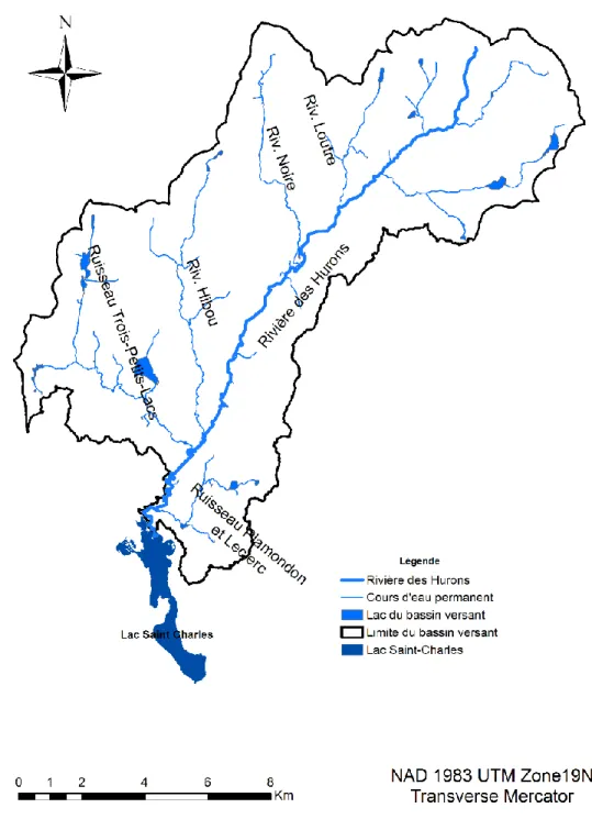 Figure 1.1  Localisation de la zone d’étude : (A) : Contexte géographique du bassin versant de la rivière  des Hurons dans le haut du lac Saint-Charles à Québec