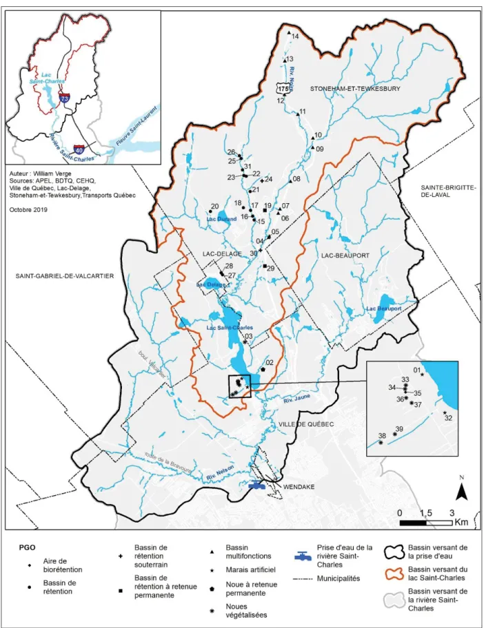 Figure 4-1 : Localisation des PGO du bassin versant du lac Saint-Charles et localisation de ce bassin versant  par rapport au bassin versant de la rivière Saint-Charles (encadré)