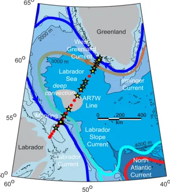 Figure 2.1 Map of the sampling region in the Labrador Sea. Stations of the AR7W line is represented by the  red  dots