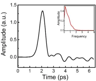 Fig.  2.3  shows  a  typical  THz  pulse  generated  from  our  iLAPCA  THz  source.  One  unique  property of the THz pulses generated from this iLAPCA is the strong asymmetry in the magnitude  of the positive and  negative  components of the THz profile