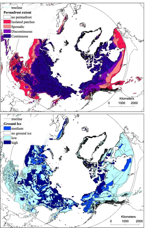 Figure 1-2. L'étendue circumpolaire du pergélisol et la teneur en glace de sol dans les régions nordiques (données  de Brown et al., 2002, NSIDC)