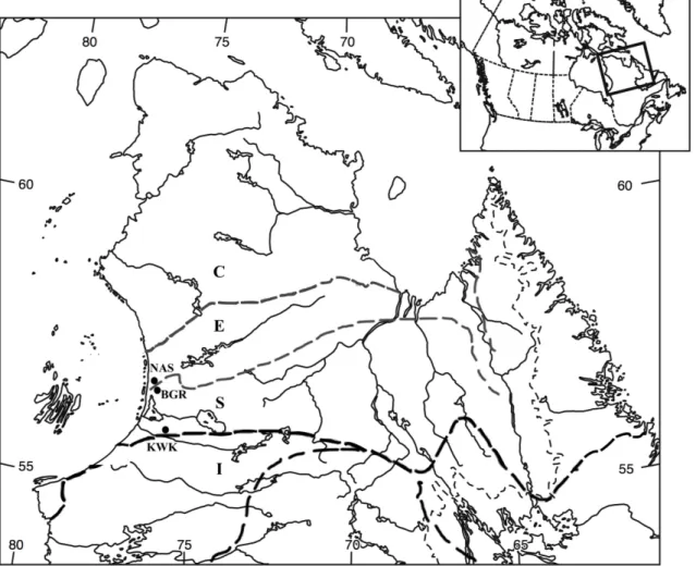 Figure 2-1. Study region and permafrost distribution in Nunavik (QC, Canada). The studied lithalsa thermokarst  lakes sites NAS, BGR and KWK are indicated as black dots on the eastern shore of the Hudson Bay