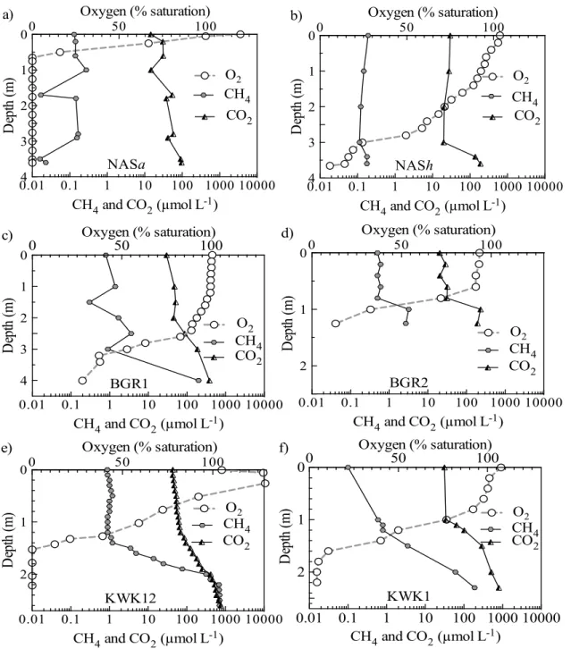 Figure  2-4.  Gas  concentration  profiles  in  representative  lakes  from  each  of  the  three  study  sites  located  in  the  discontinuous widespread (NAS profiles from 7 August 2012), discontinuous (BGR profiles from 9 August 2012),  and sporadic (K