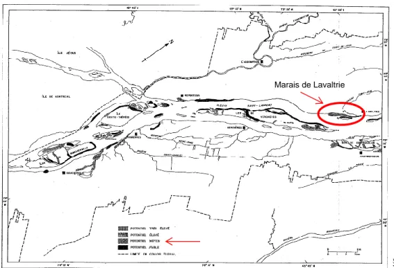 Figure  3.8  Identification  et  caractérisation  des  frayères  dans  le  couloir  fluvial  du  Saint- Saint-Laurent (tirée de Massé, 1974) 