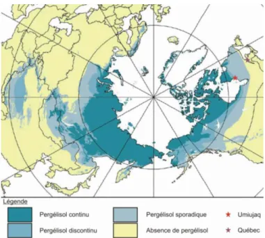 Figure 1.2:  Carte  circumpolaire  de  la  répartition  spatiale  du  pergélisol  dans  l’hémisphère  nord  (modifiée  de  Brown  et  al.,  1997,  1998;  Nelson  et al., 2002)