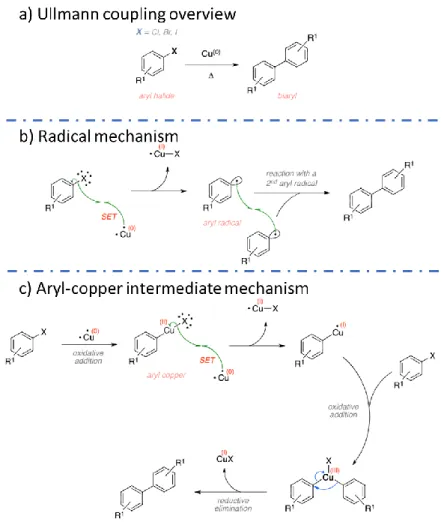 Figure 1-11.  Scheme  of  Ullmann  coupling,  showing  the  overall  reaction  (a)  and  the  two  main  possible  mechanisms,  involving  either  a  radical  species  (b)  or  an  aryl-copper  intermediate  (c);  SET  stands for single-electron transfer