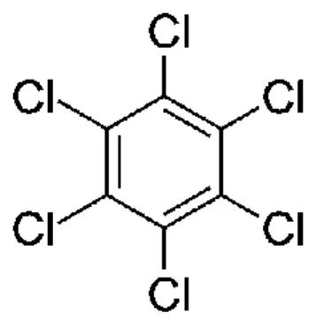 Figure 1. 6 Structure chimique de l’hexachlorobenzène (C 6 Cl 6 ). La liaison du chlore se fait par leur  association avec chaque atome de carbone de la molécule aromatique, le benzène
