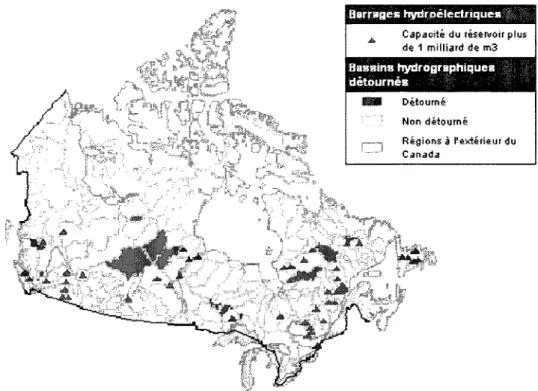 Figure 1.1: Localisation des ouvrages canadiens de plus de 1 milliard de m 3  [Atlas du Canada, 2000] 