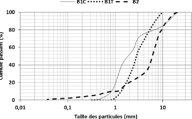 Figure 14  Répartition de la taille des particules des bioréacteurs B1C, B1T et B2 