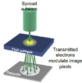 Figure 2.18 Electron beams interact with a sample's atoms in the TEM [86]. 