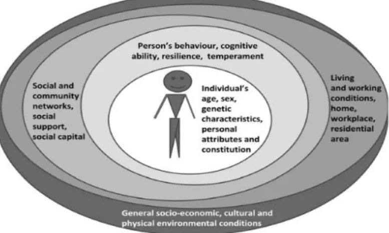 Figure 2 : « Modèle social de la santé mentale », basé sur le « modèle social de la santé » proposé par  Whitehead et Dalgren (Whitehead, 1995) 