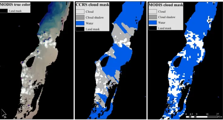 Figure 3.2 – (a) Image MODIS en vraie couleur, (b) masque de nuage développé par le CCTS, et (c) masque de nuage développé par le groupe MODIS Atmosphere.