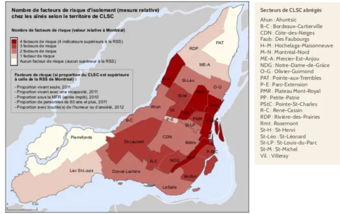 Figure 7.2 : Nombre de facteurs de risque d’isolement (mesure relative) chez les personnes  vieillissantes selon le territoire de CLSC