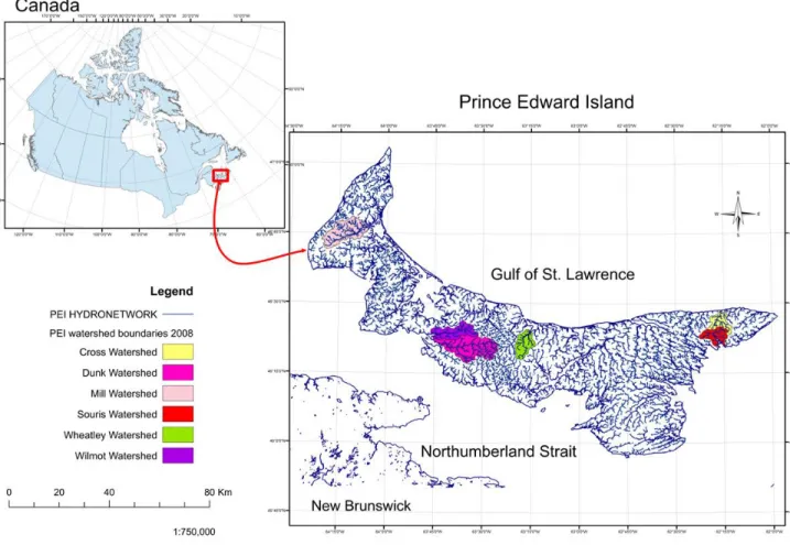 Figure 7-1 Locations and boundaries for study watersheds on Prince Edward Island, Canada 