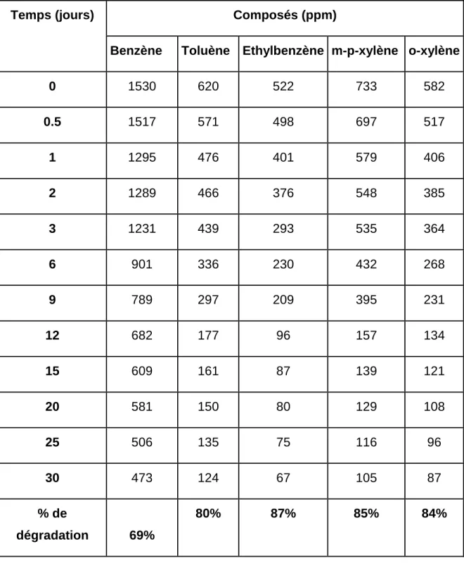 Tableau  3 :  Dégradation  de  Btex  à  une  concentration  entre  522  et  1530  ppm  et  0.5  U/ml  de  laccases 
