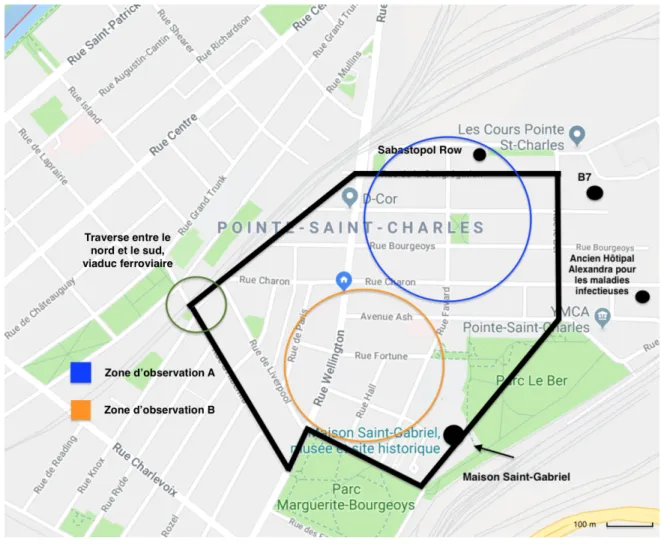 Figure 9 Cartes représentant les zones d'observation, 2019 (Google et Marc-Olivier  Vézina) 