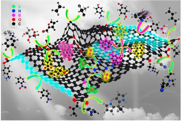 Figure 1.5. Schematic illustration of the possible active sites on graphene and its related  synthetic transformations as metal-free catalysts